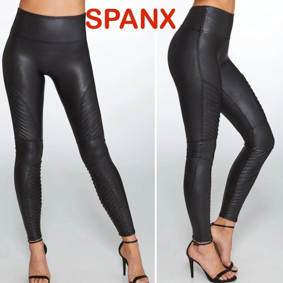 SPANX Pants - Spanx Faux Leather Moto Leggings Black High Waist Shaping Slimming Pants S/P